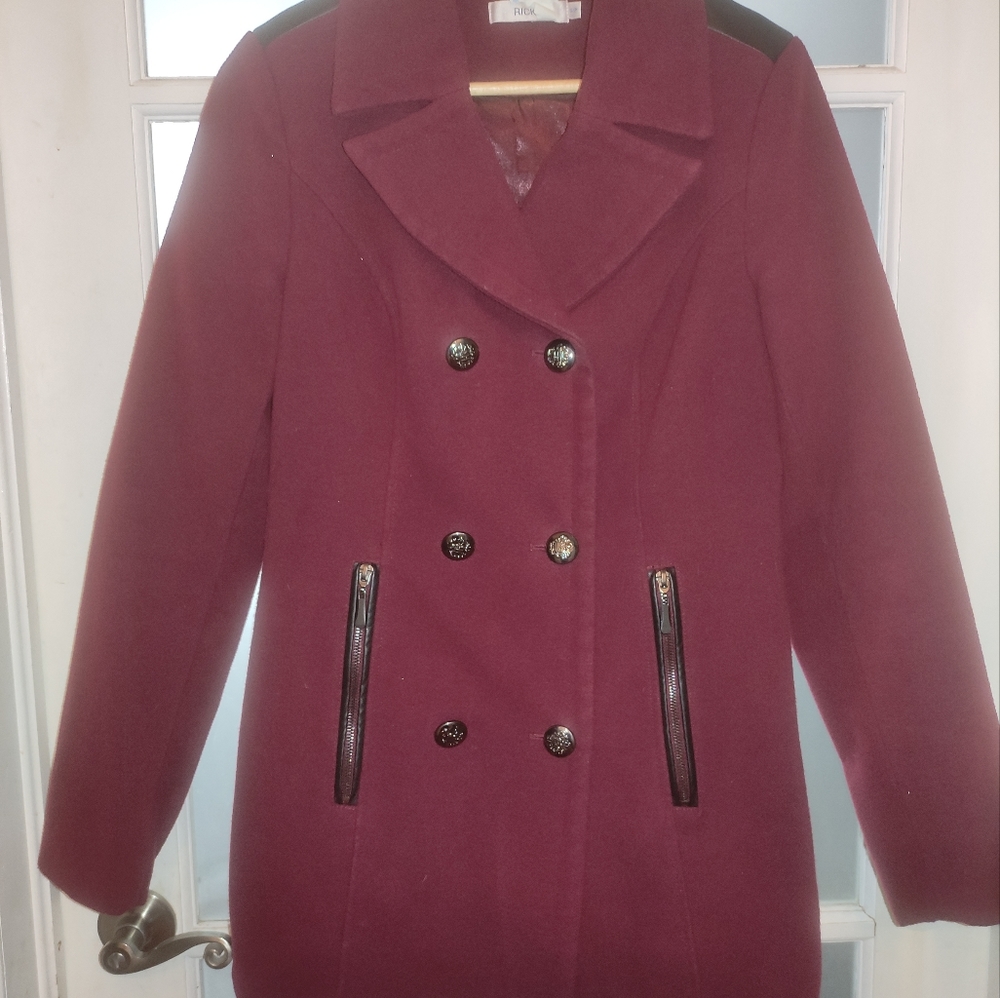 Wine/burgundy pea coat with leather details